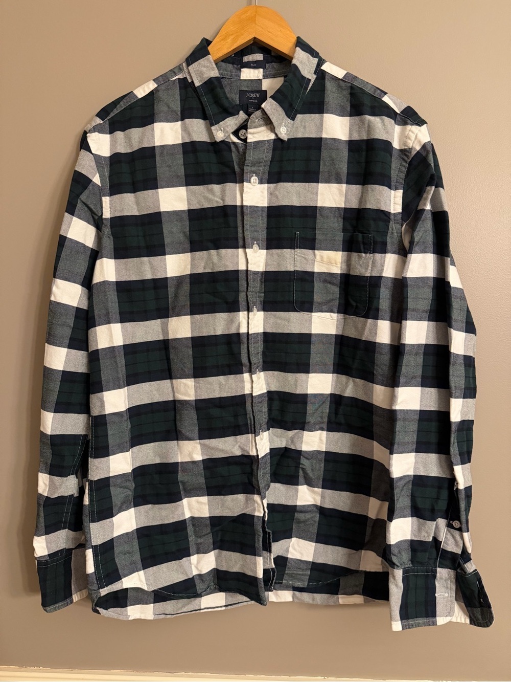 J.Crew Men's Large Slim Oxford Button Down Shirt Plaid Buffalo Check Navy Green